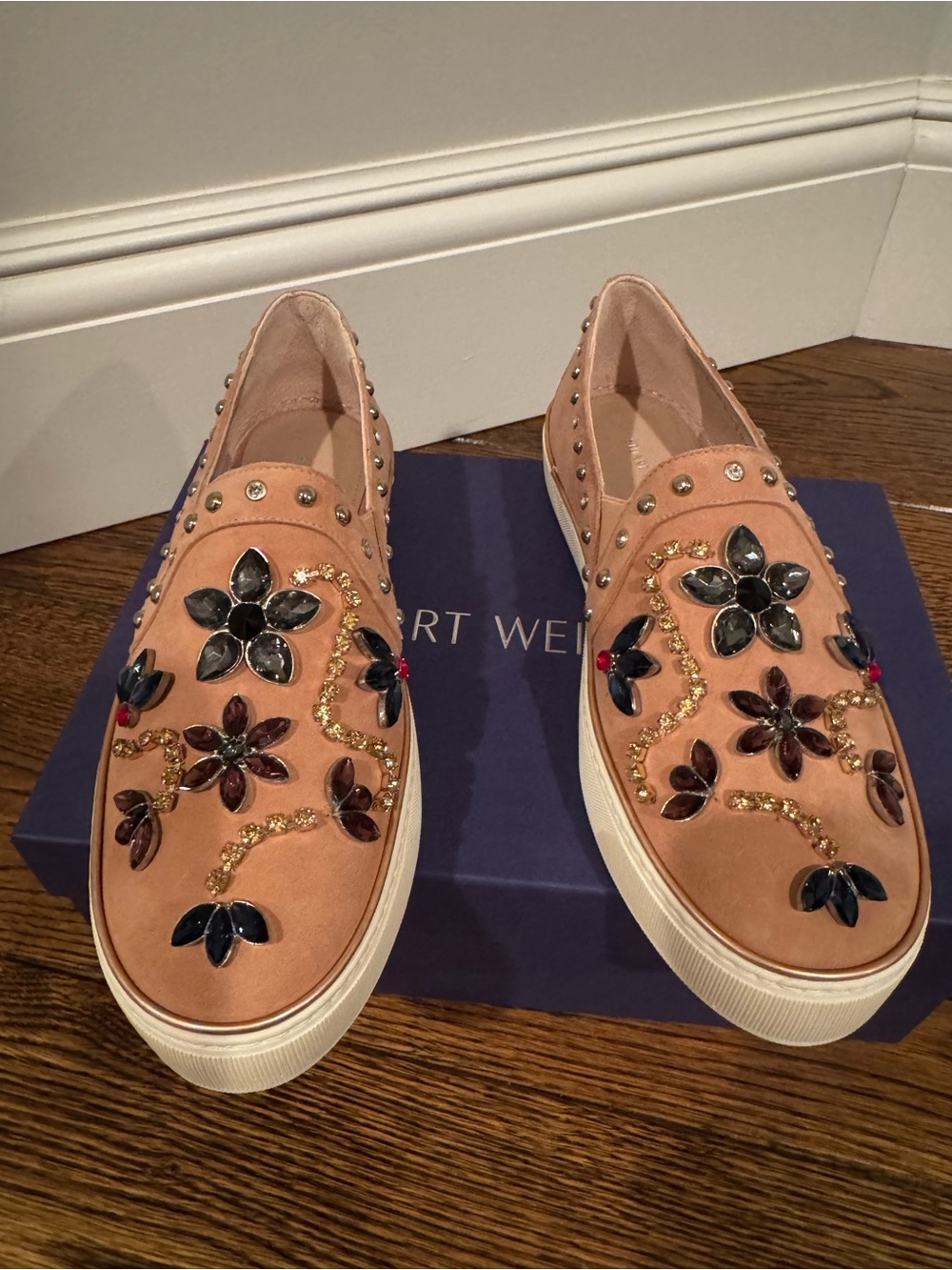 Stuart Weitzman Blush Pink Jeweled Slip-On Loafers